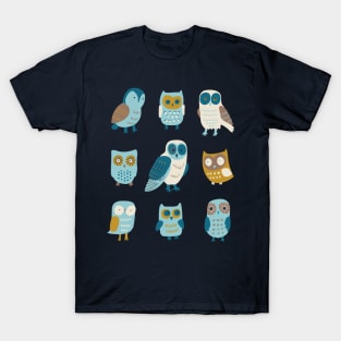 9 Owls - graphic owls in teal, aqua and mustard by Cecca Designs T-Shirt